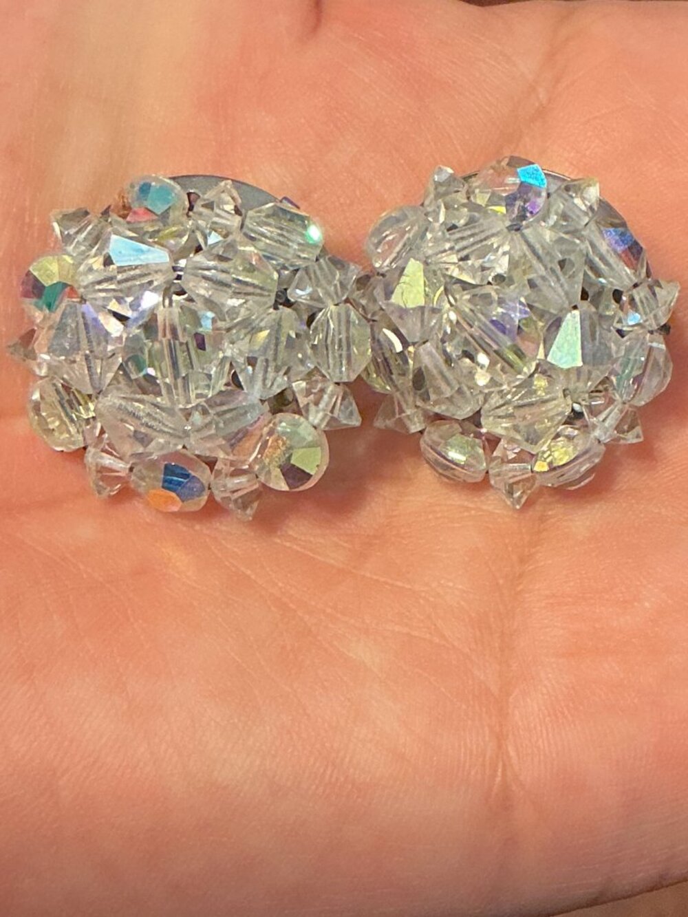 Vintage AB Crystal Cluster Clip On Earrings Aurora Borealis Cha Cha Unsigned